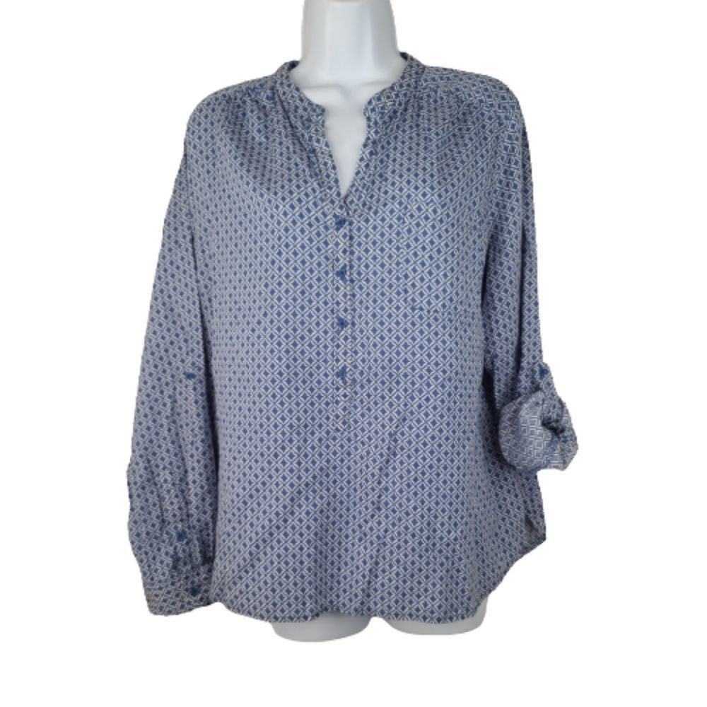 Joe Fresh Large Peasant Top Blue Roll Tab Sleeve Button Down Blouse